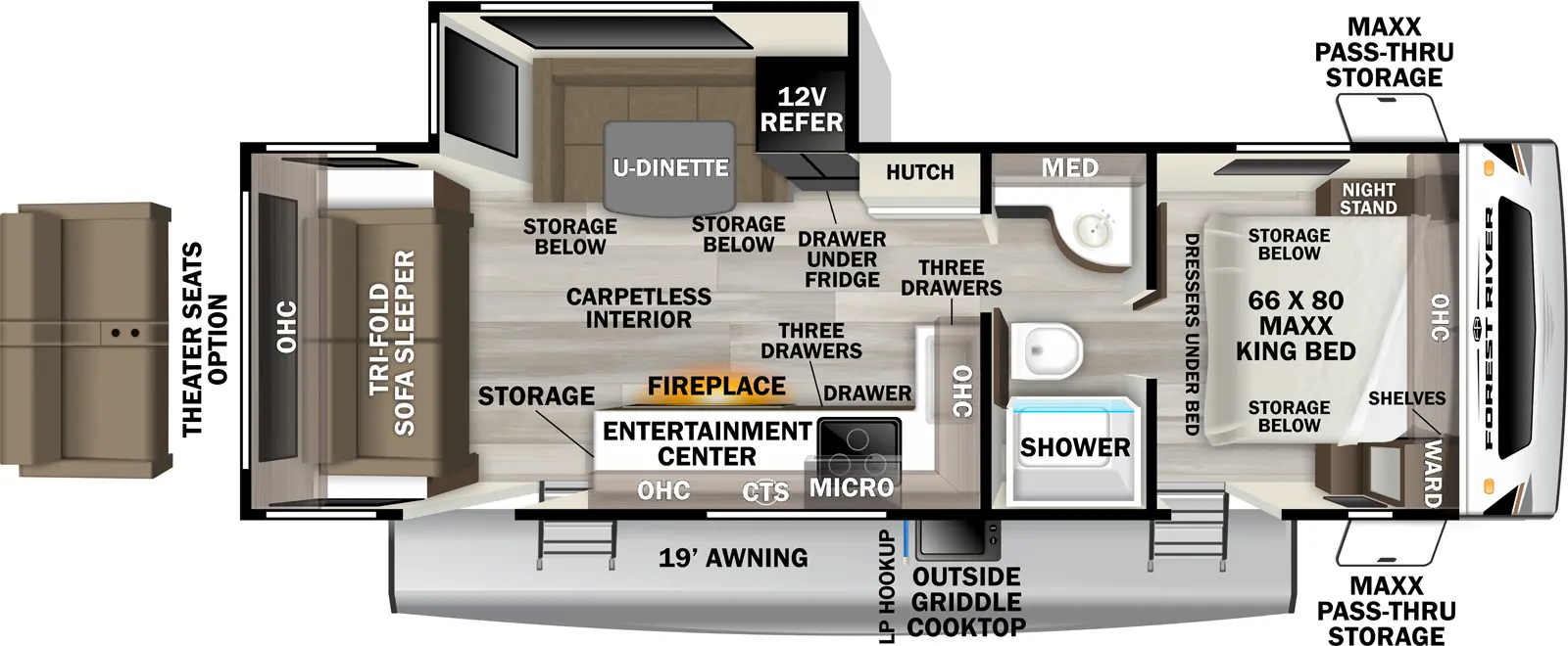 The Wildcat Travel Trailers 260RLX floorplan has two entries and one slide out. Exterior features include: fiberglass exterior, 19' awning and outside kitchen. Interiors features include: u-dinette, front bedroom, rear living and pass through bathroom.